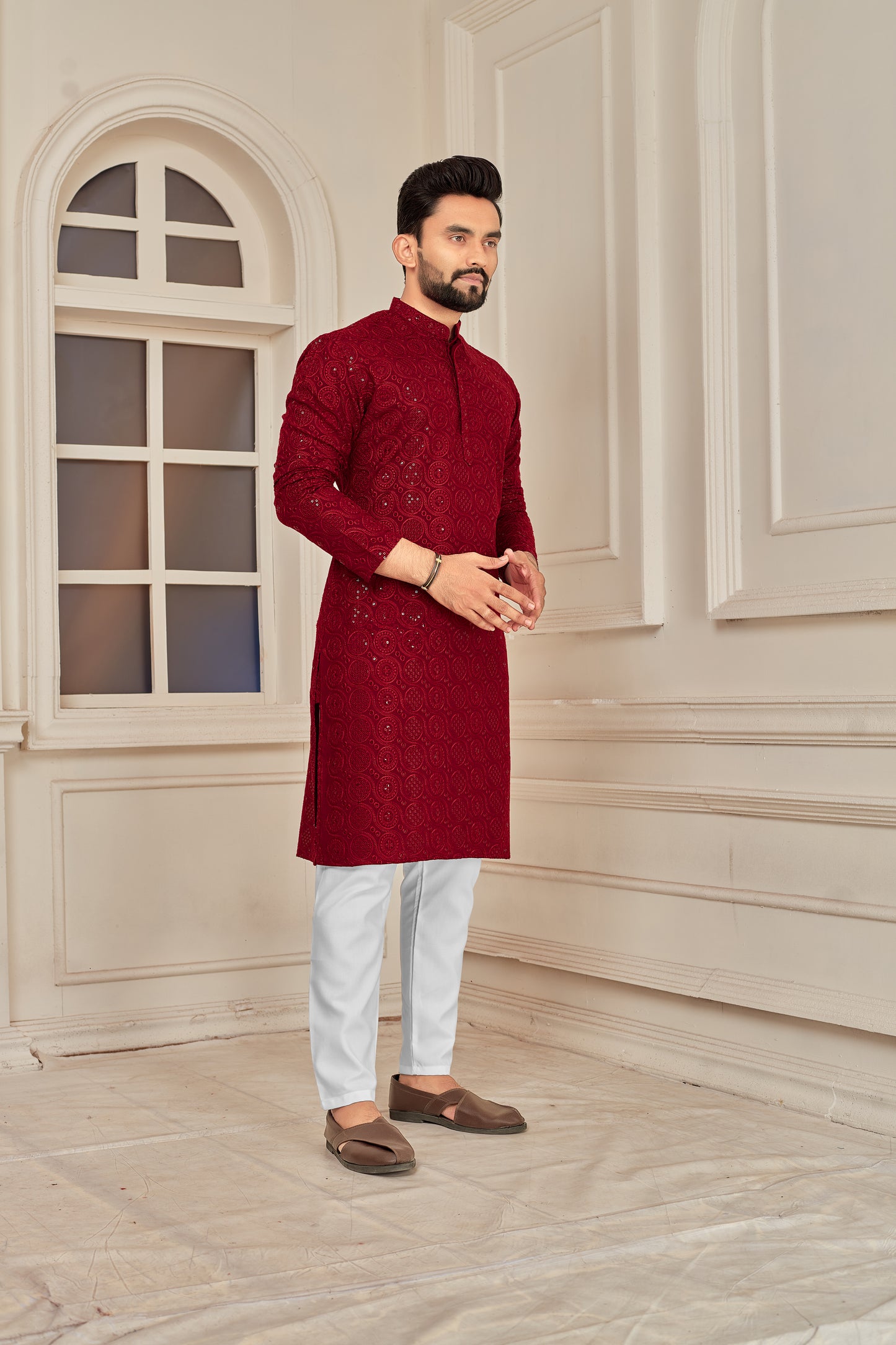 Men's Maroon Heavy Lakhnavi Embroidery Work Kurta