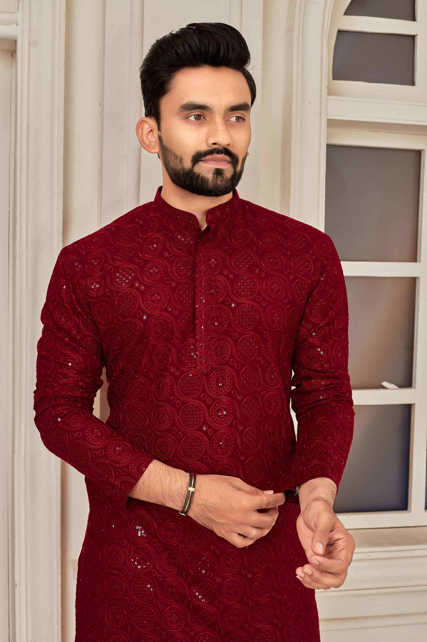 Men's Maroon Heavy Lakhnavi Embroidery Work Kurta