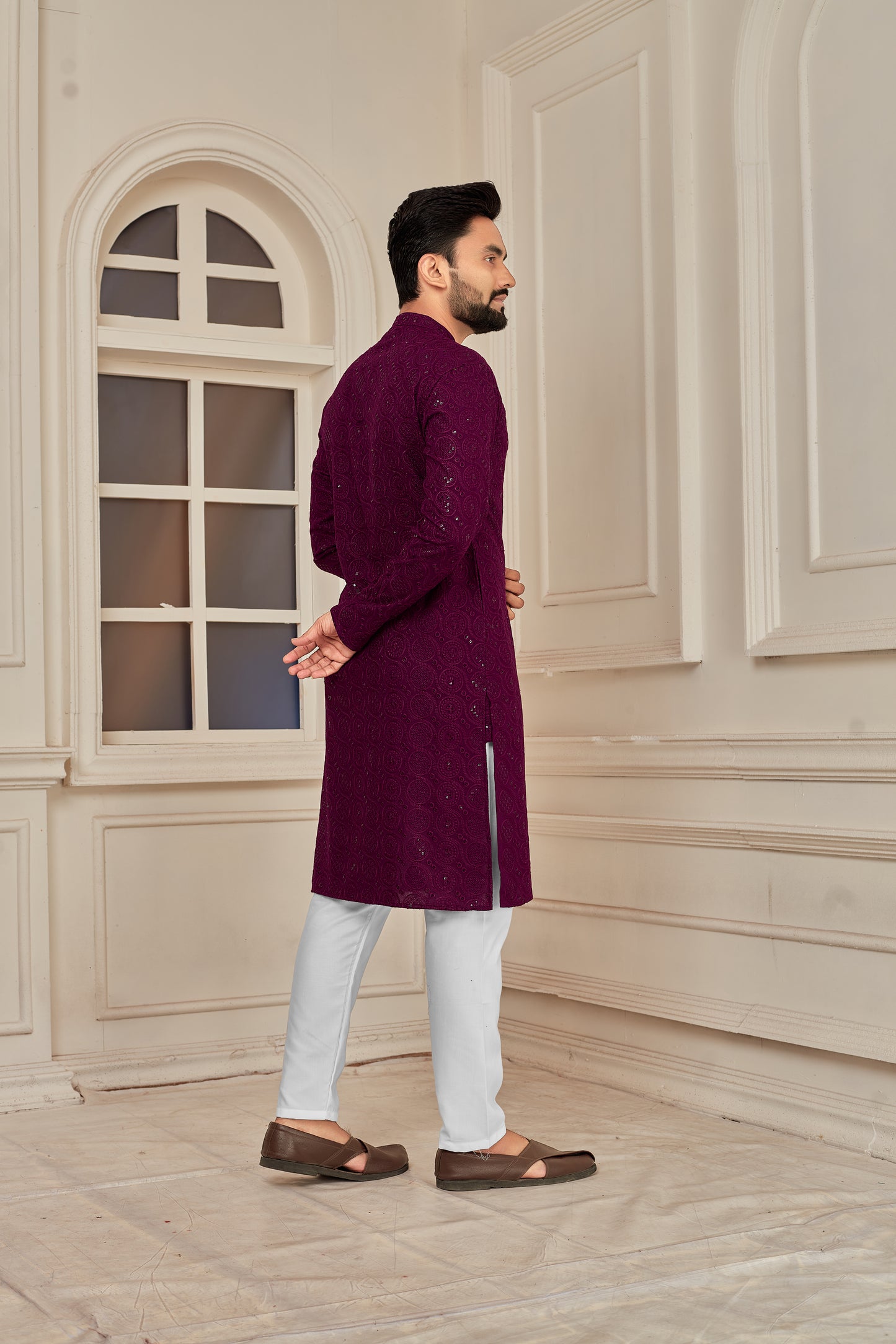 Men's Wine Sequin Embellished Premium Chikankari Kurta