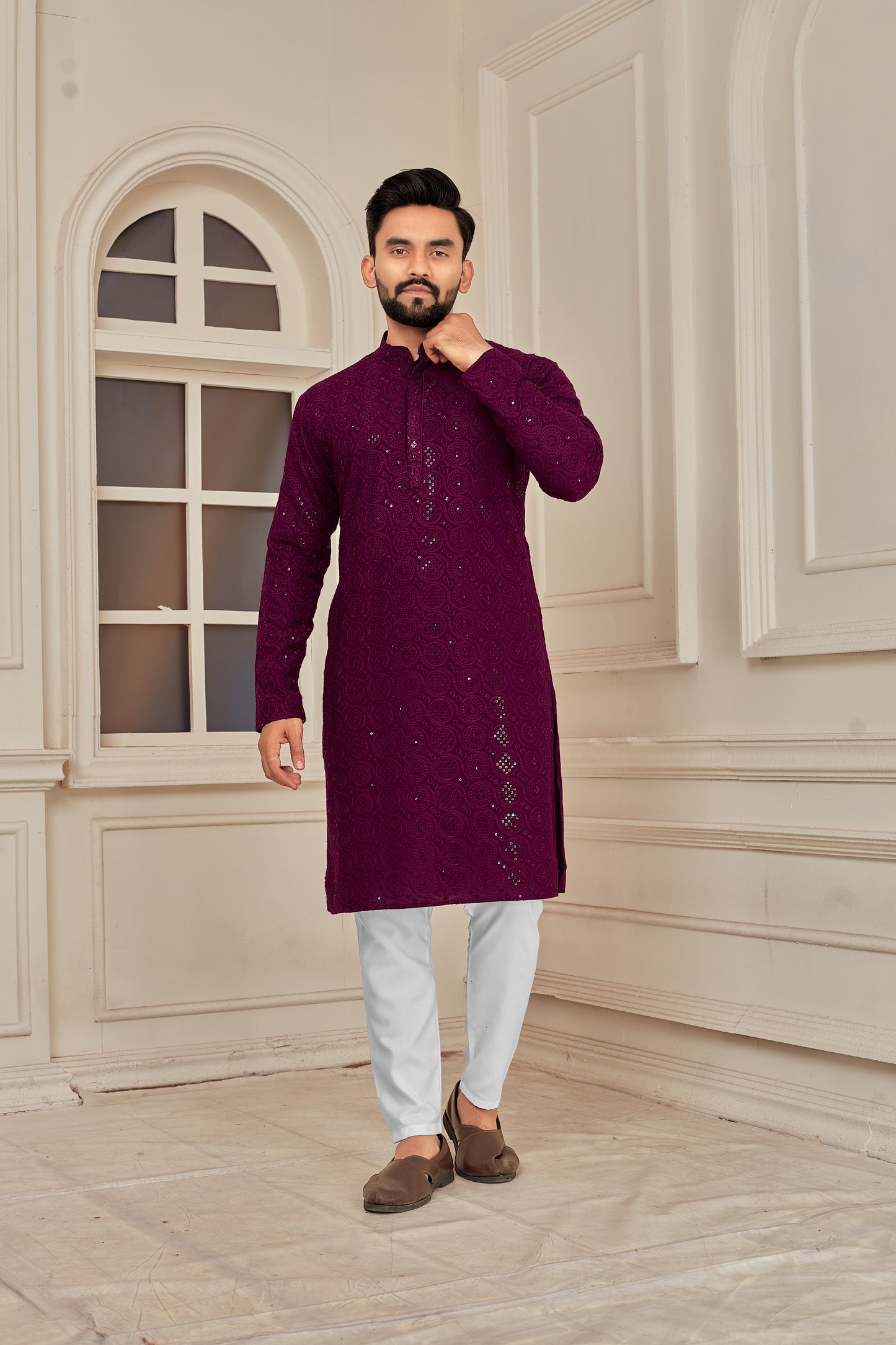 Men's Wine Sequin Embellished Premium Chikankari Kurta