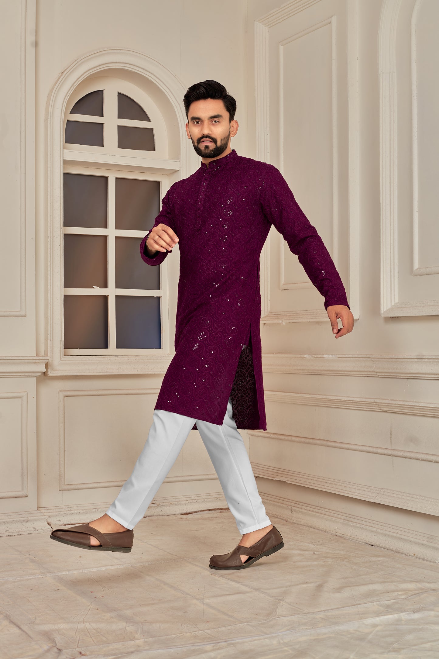 Men's Wine Sequin Embellished Premium Chikankari Kurta