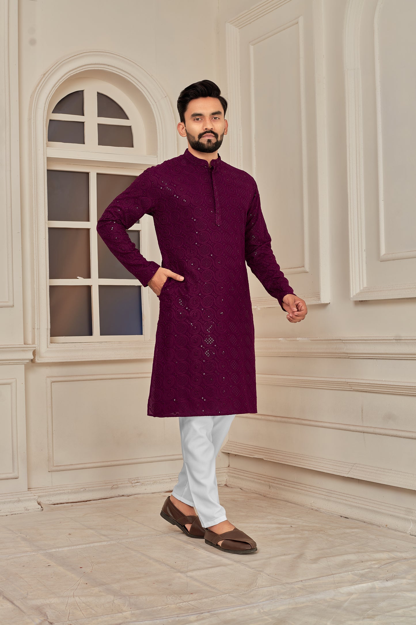 Men's Wine Sequin Embellished Premium Chikankari Kurta