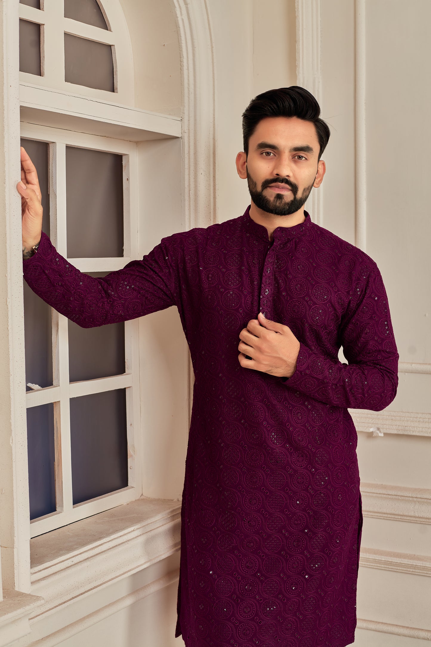 Men's Wine Sequin Embellished Premium Chikankari Kurta