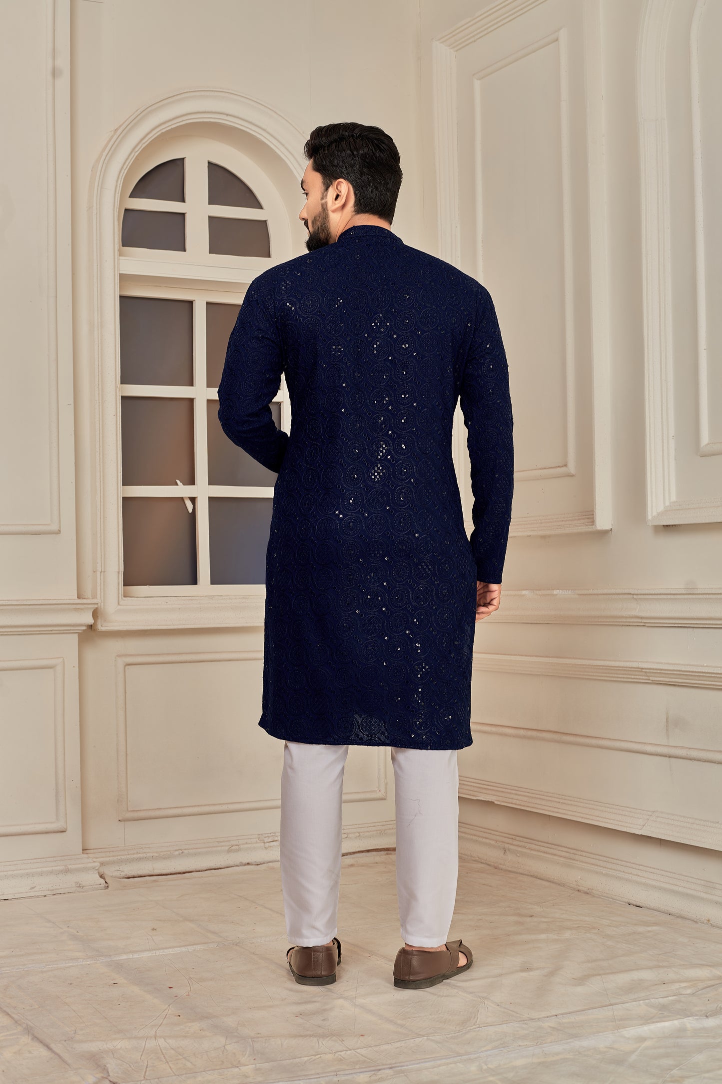 Men's Blue Heavy Embroidery Lakhnavi Work Kurta