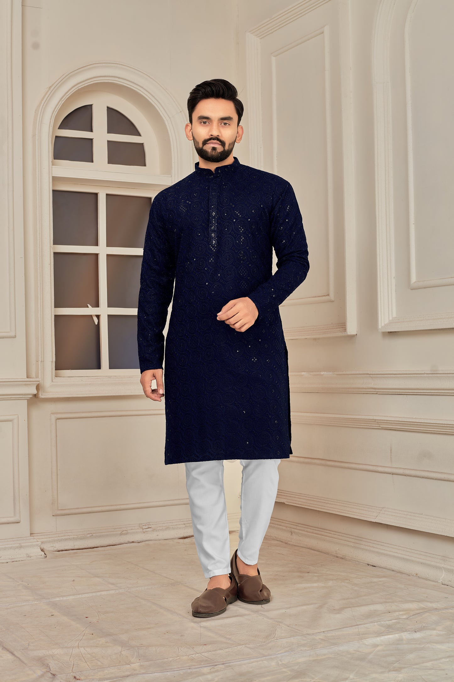 Men's Blue Heavy Embroidery Lakhnavi Work Kurta