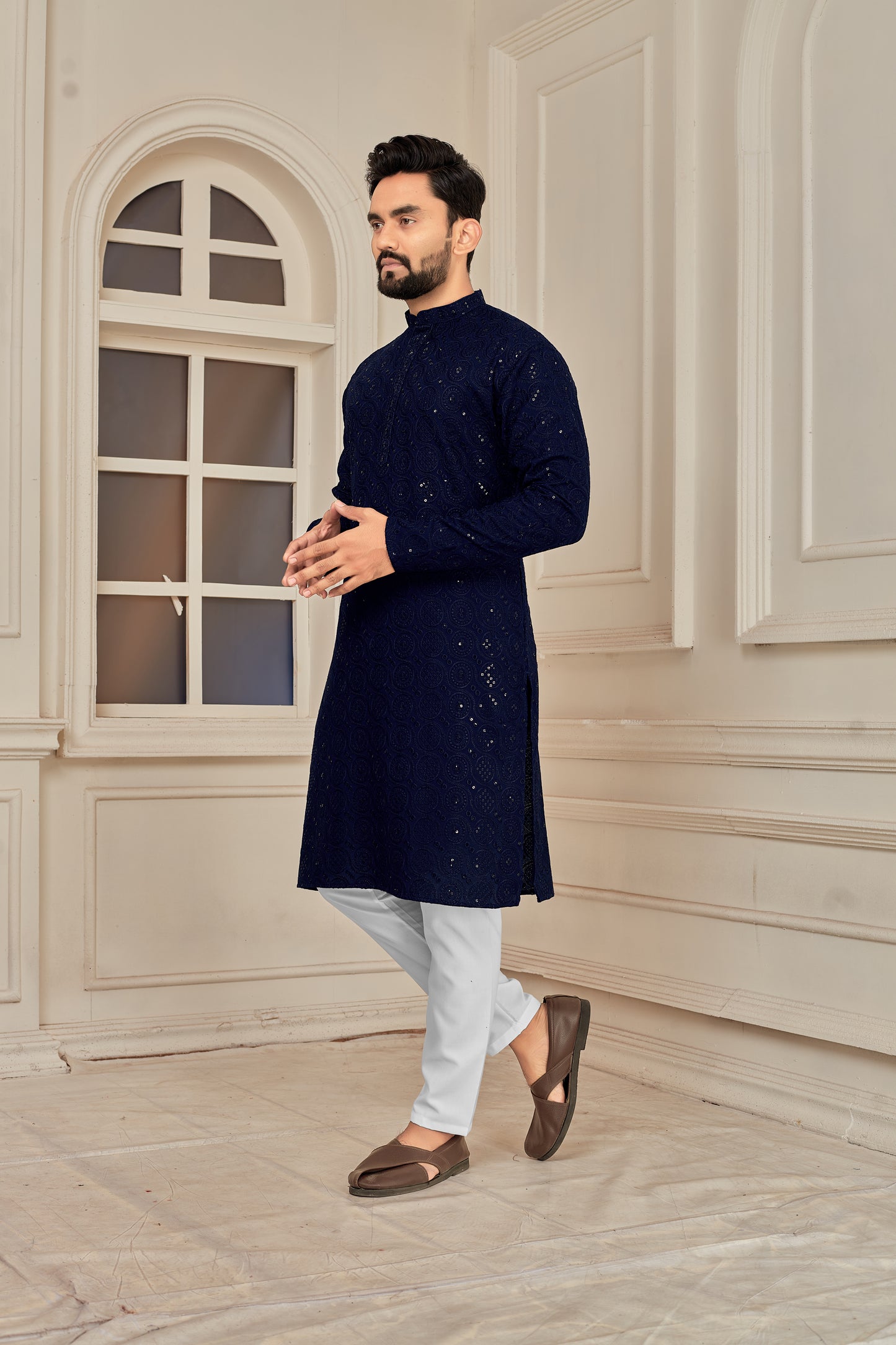 Men's Blue Heavy Embroidery Lakhnavi Work Kurta