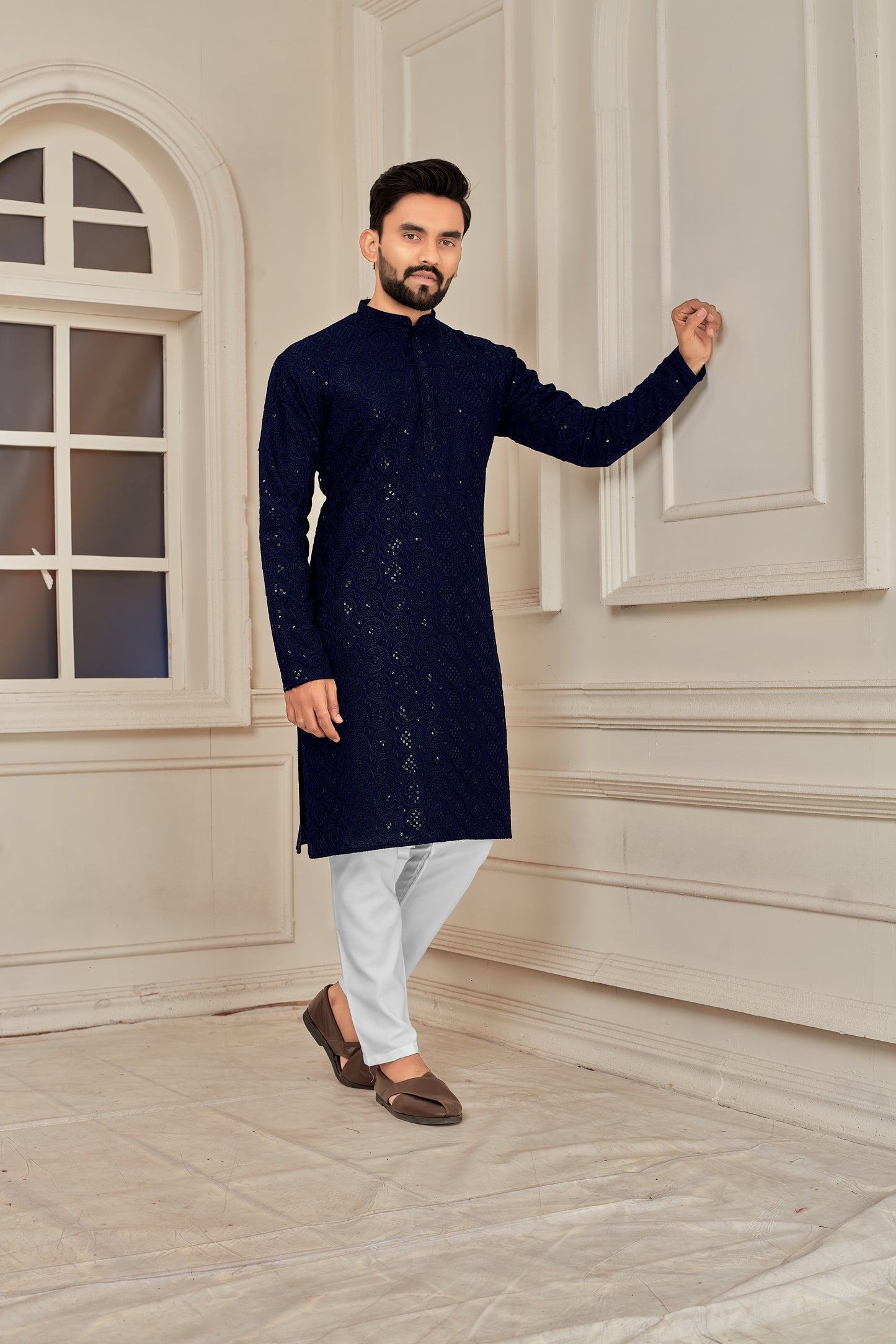 Men's Blue Heavy Embroidery Lakhnavi Work Kurta