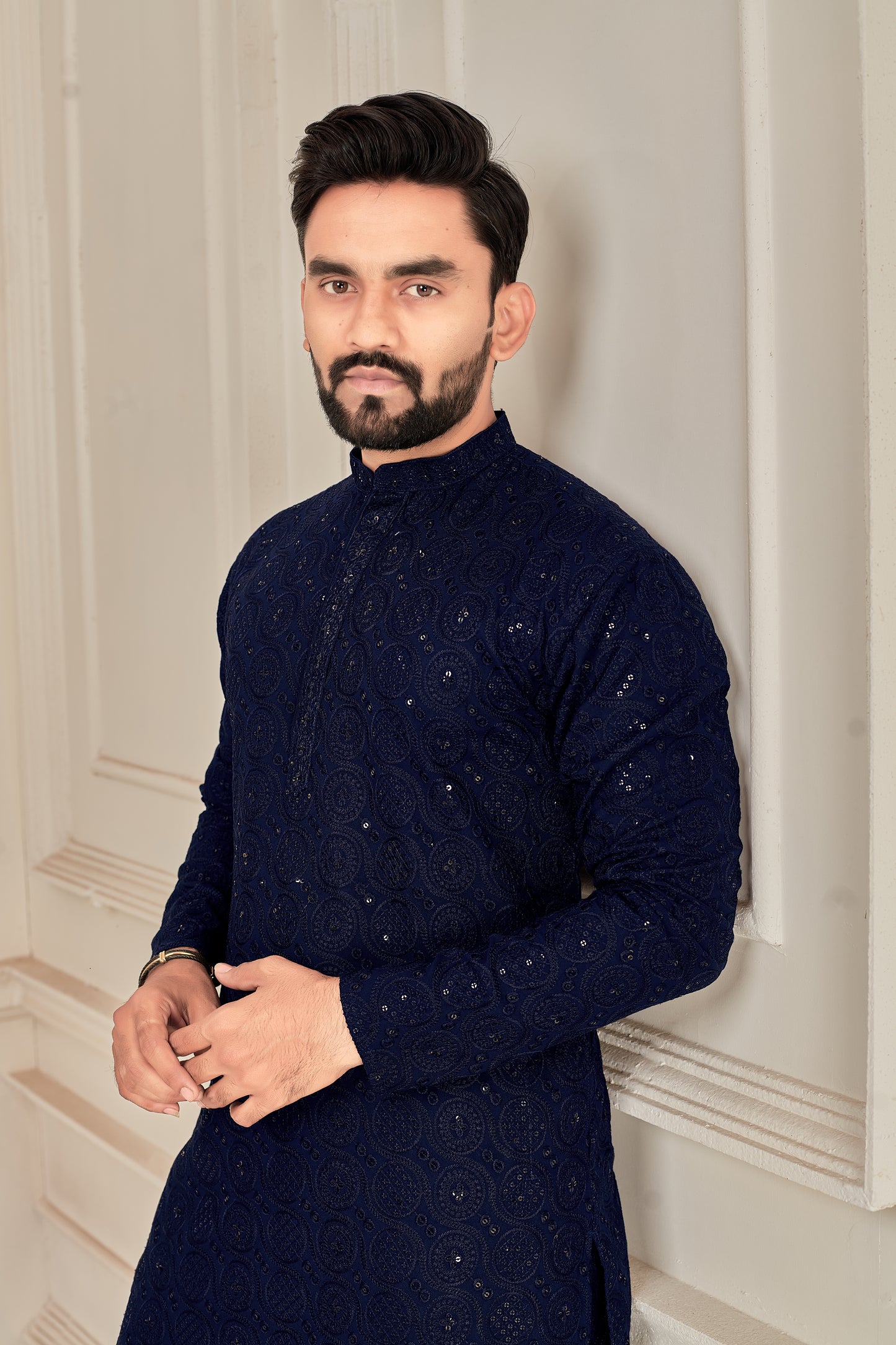 Men's Blue Heavy Embroidery Lakhnavi Work Kurta