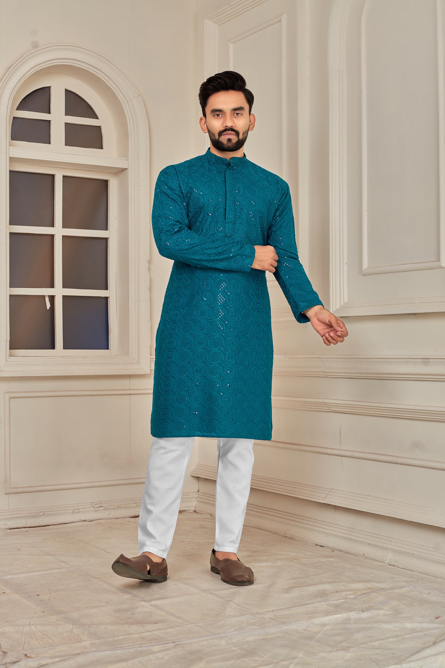 Men's Rama Heavy Embroidered Lakhnavi Kurta (Reyon)