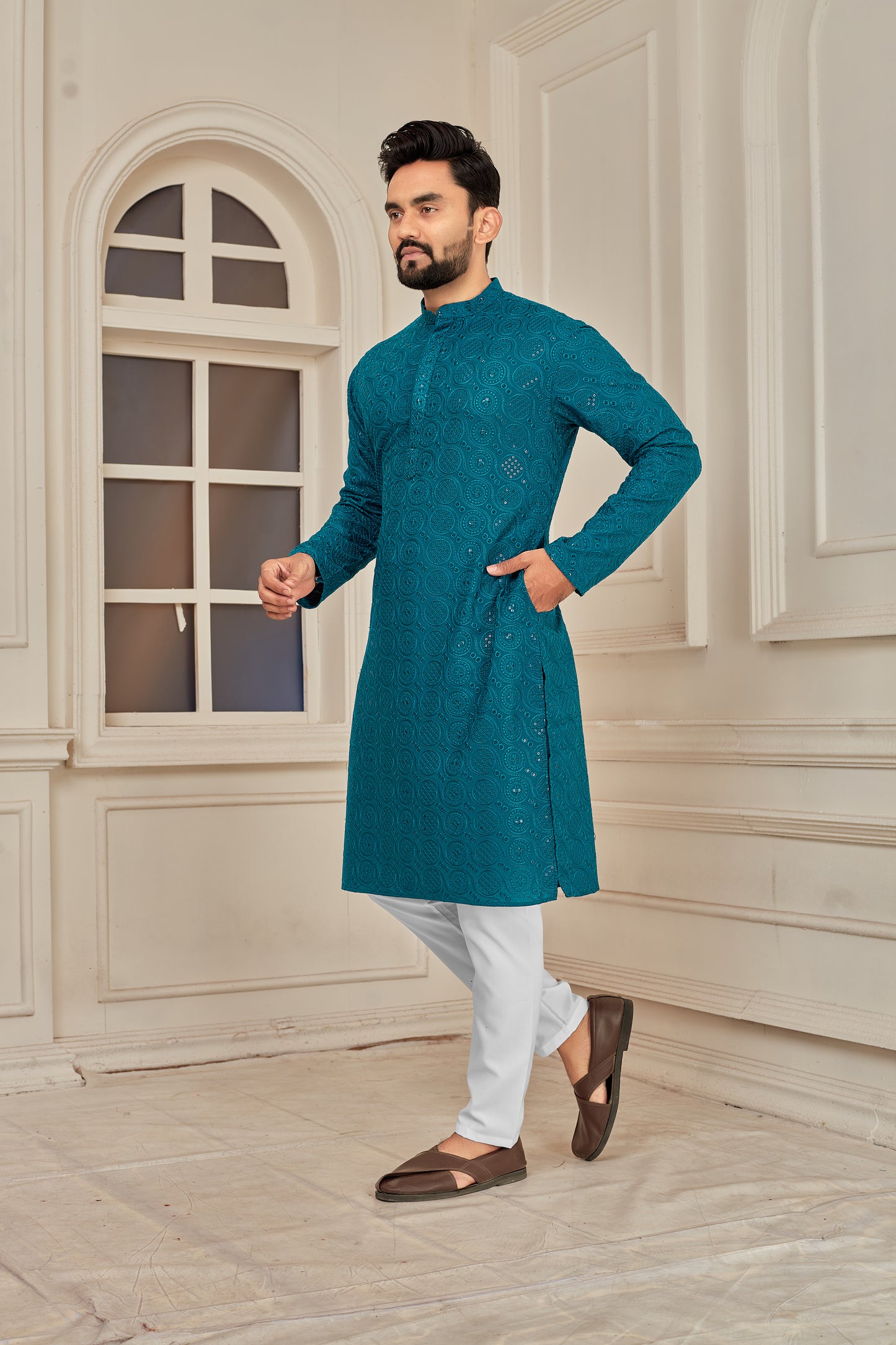 Men's Rama Heavy Embroidered Lakhnavi Kurta (Reyon)