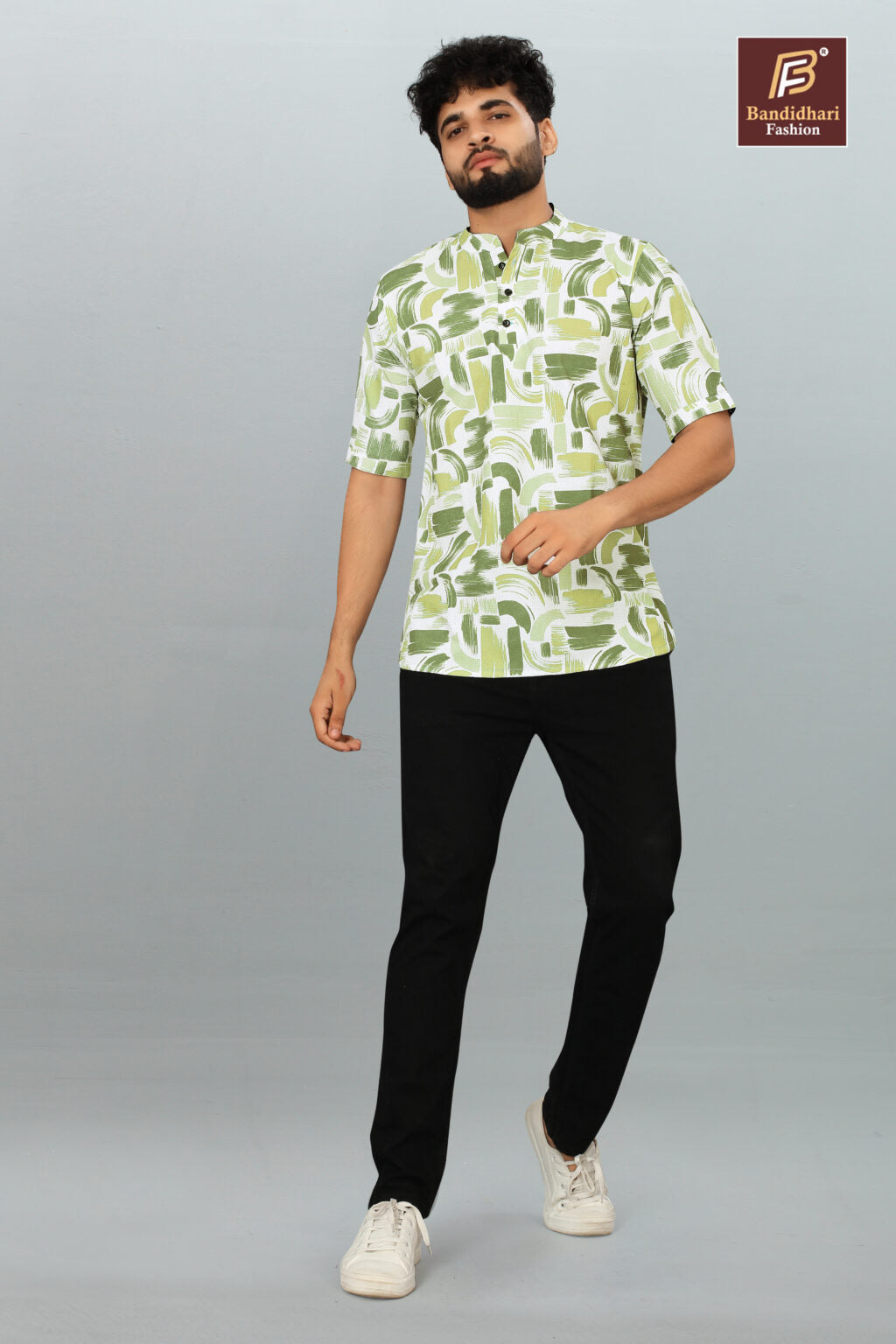 Men's Printed Mandarin Collar Polyester Shirt - Style & Comfort