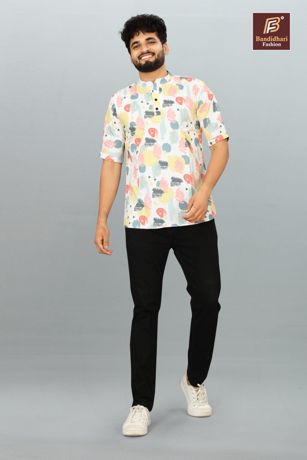 Comfortable Men's Printed Mandarin Collar Polyester Shirt